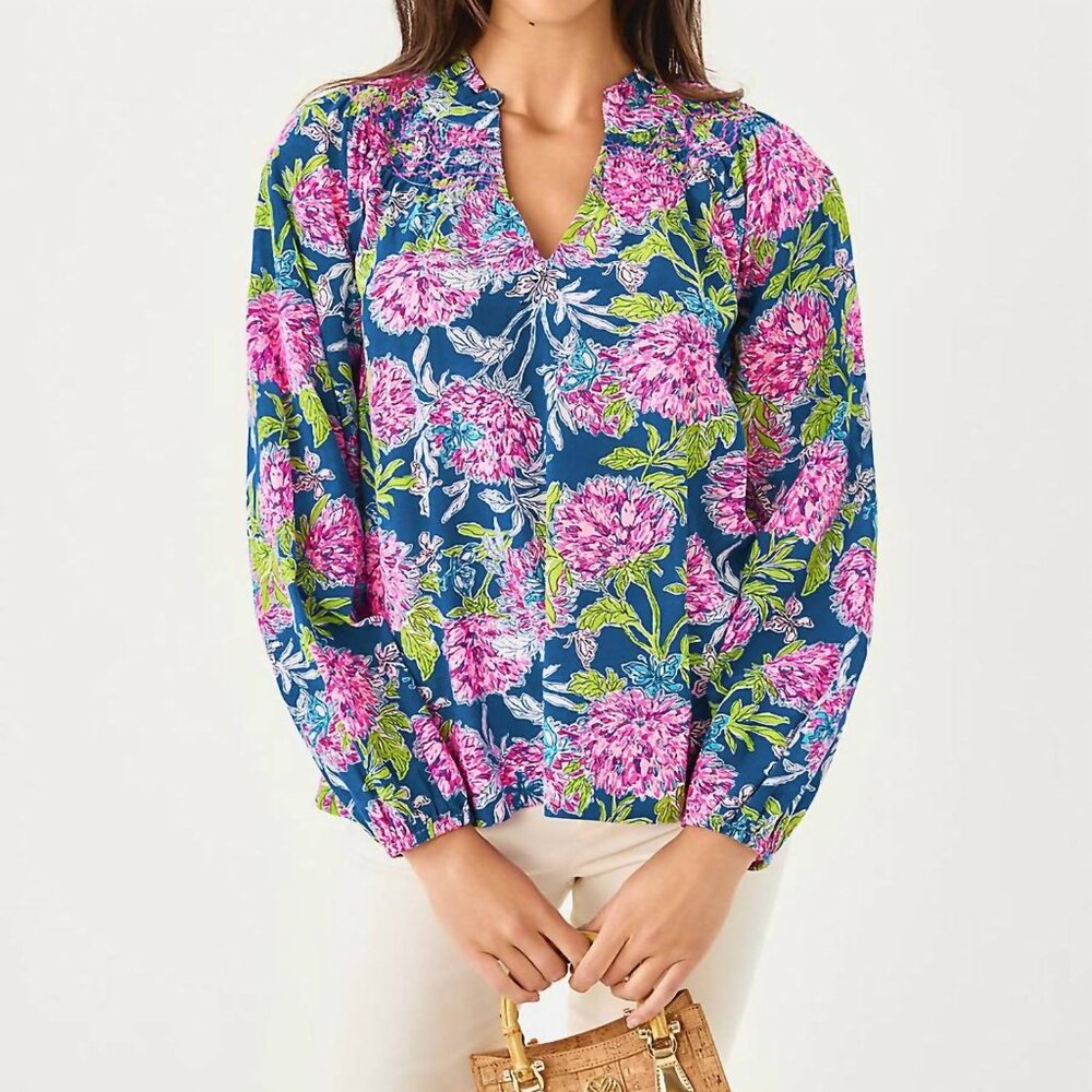 NWT Lilly Pulitzer Lourdes Long Sleeve Top Dahlia Licious Floral Blouse Size M